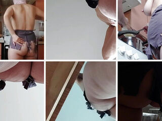 Brunette hairy bun, big tits, sensual hairy woman in the kitchen. Sexy MILF, hairy pussy, big ass