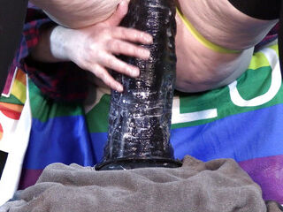 5 Minutes of a While Ride on This Huge Dildo with White Lube Showing How Deep