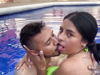 kissing my stepbrother's best friend in the pool and he gets wet really fast