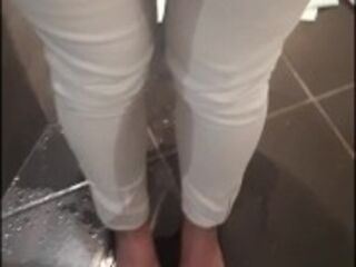 'Desperate pee in white Jeans and rubbing my wet clit Full video on ModelHub'