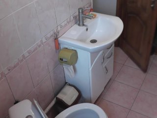 Man pisses into toilet and decided jerk off dick. Young cohabitant came in and helped. Old and young