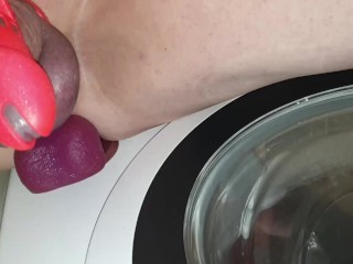 'Being fucked by dildo stuck to washing machine on spin whilst I'm in Chastity'