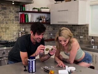 Petite blonde stepsis opens her legs for stiff member