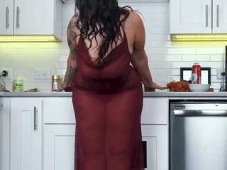 Busty curly brunette with big boobs fucks on couch